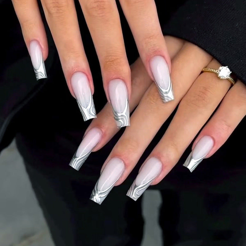 Chic Fall Nails Silver Wave French Acrylic Tips for Women