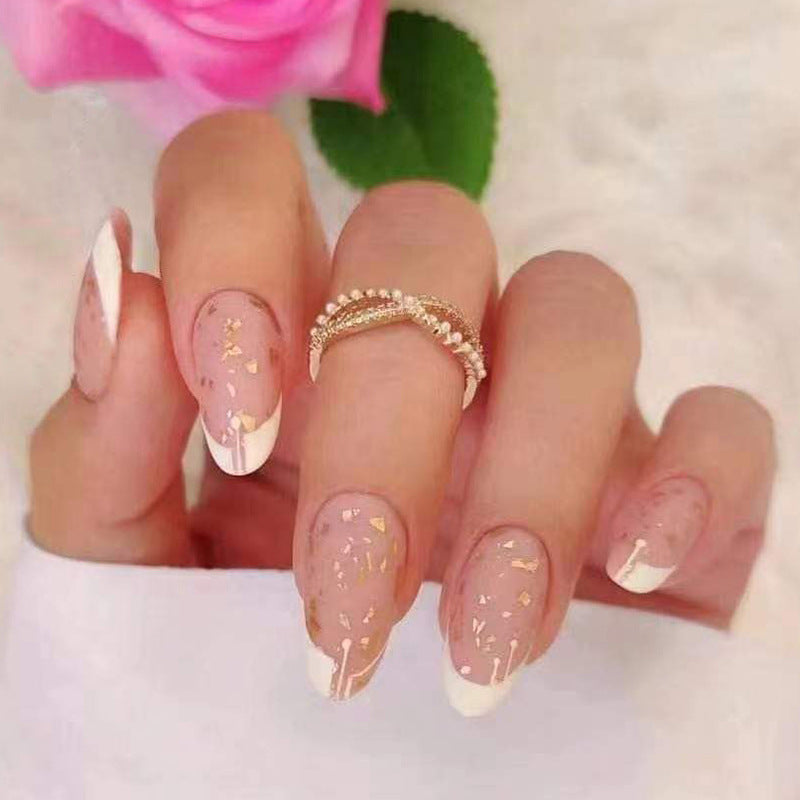 Simple White French Almond Nails with Gold Foil Fragments