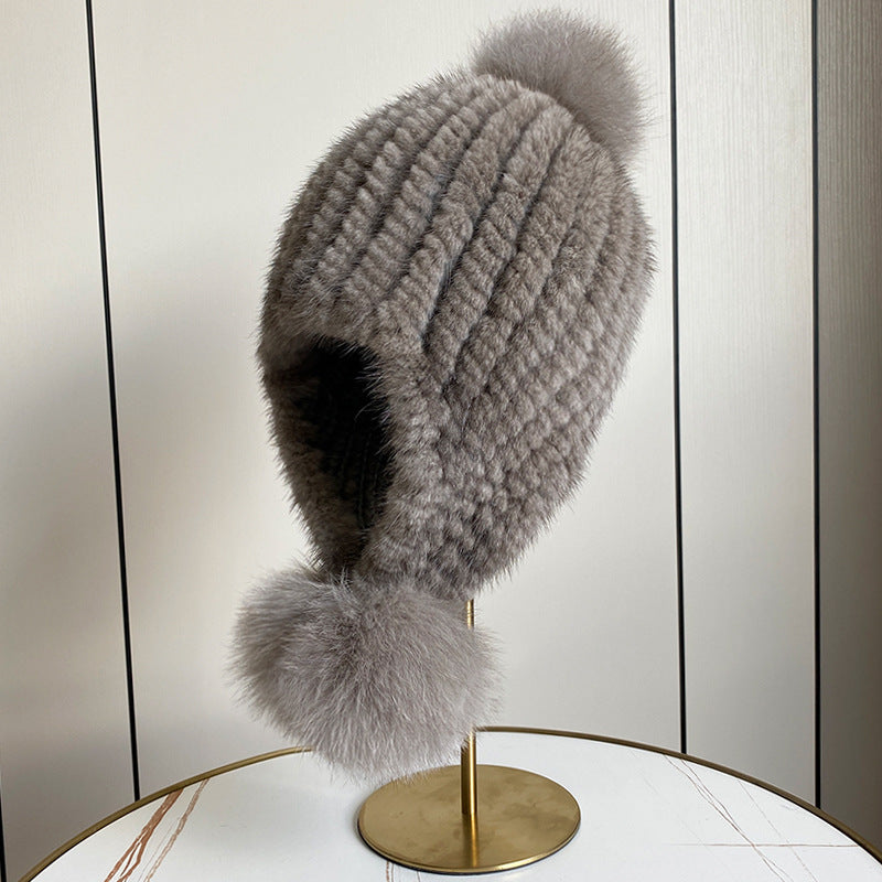 Warm Mink Fur Hat with Fox Pom Pom - Winter Luxury