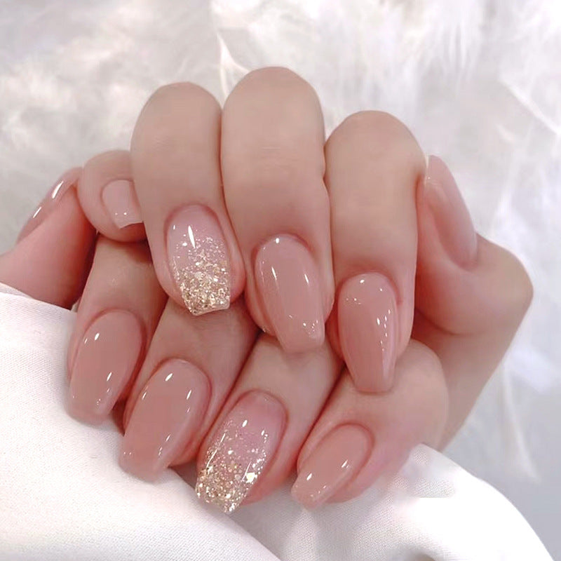 Short Ballet Pink Solid Nails with Gold Powder, Ins Style