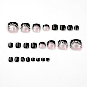 Wholesale Black French Toe Nails with White Flower Cluster Diamond Tip