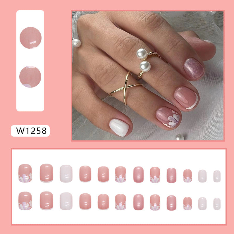 Short White French Aurora Pink Petal Nails, Ins Style