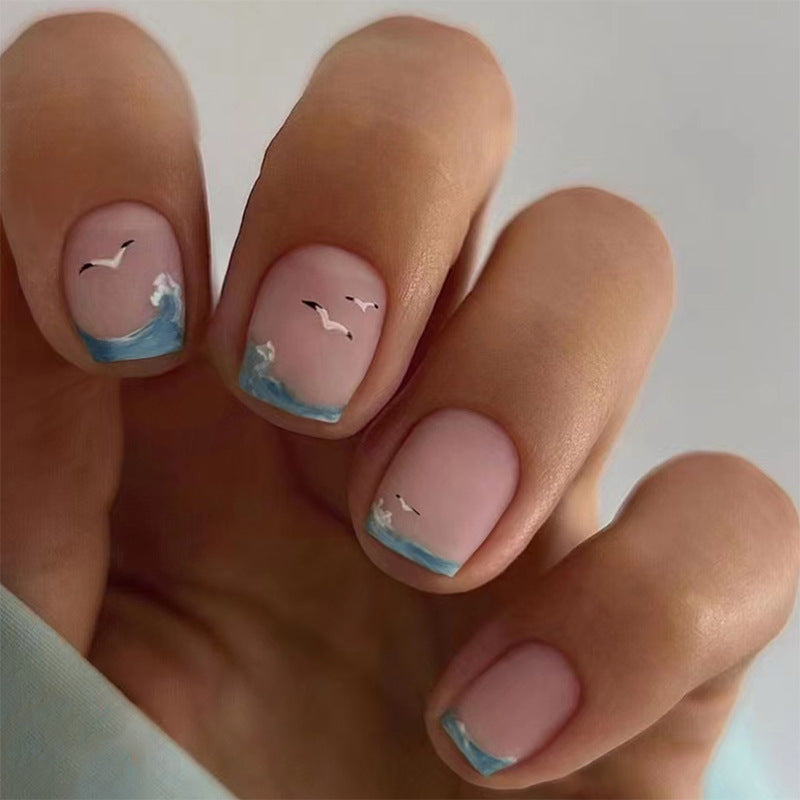 Summer Refreshing Matte Salt Wave Seagull Nails, INS Style