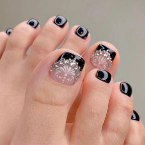 Wholesale Black French Toe Nails with White Flower Cluster Diamond Tip