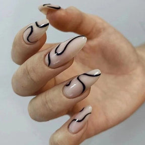 Simple Almond Nails Black Beauty Curve Wave Irregular Lines Euro Ins Style