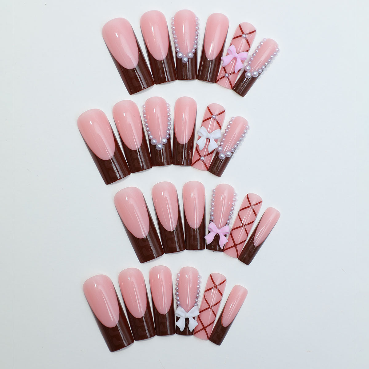 Long French Chocolate Nail Tips with Bow and Pearls