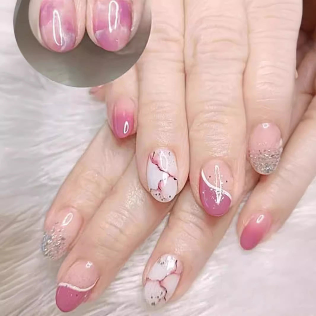 24-Piece Pink Ice Marble Oval Fall Nails