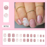 Simple White Pink Tender Girl Nails Sparkling Full Ink Wash Pink White Short Fake Nails