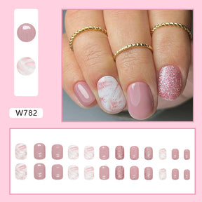 Simple White Pink Tender Girl Nails Sparkling Full Ink Wash Pink White Short Fake Nails