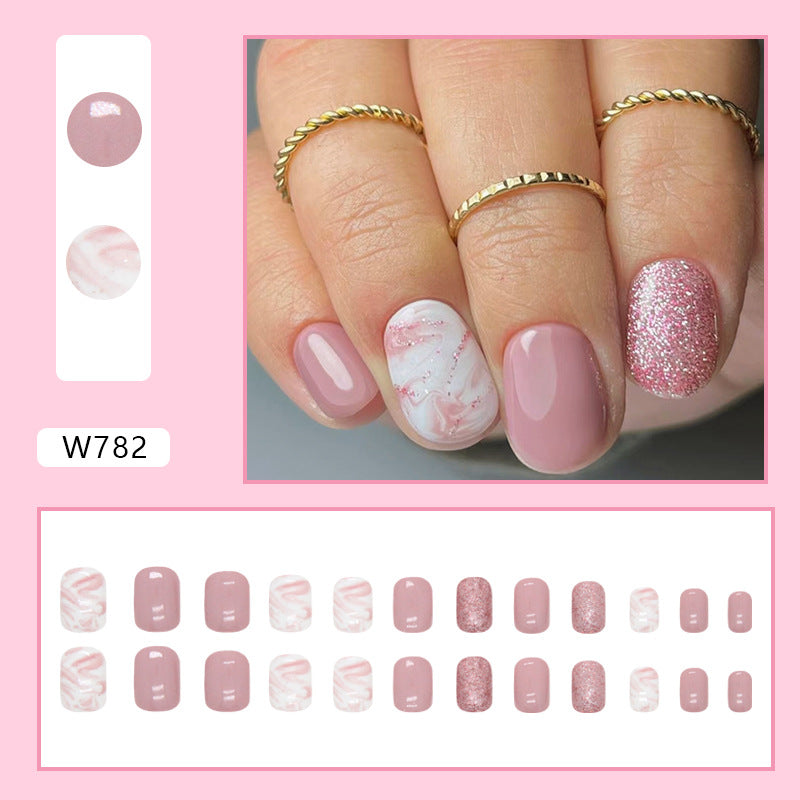 Simple White Pink Tender Girl Nails Sparkling Full Ink Wash Pink White Short Fake Nails