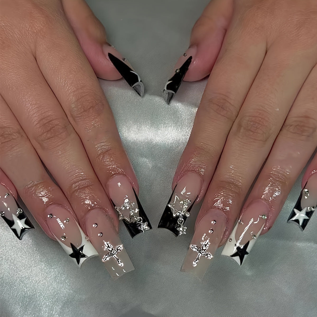 Black and White French Nails with Shiny Stars