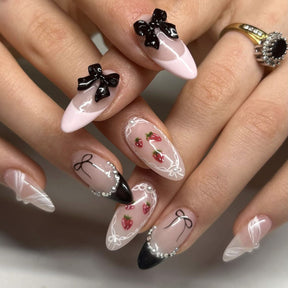 Almond Black French Strawberry Lace Pearl Bow Removable Nails