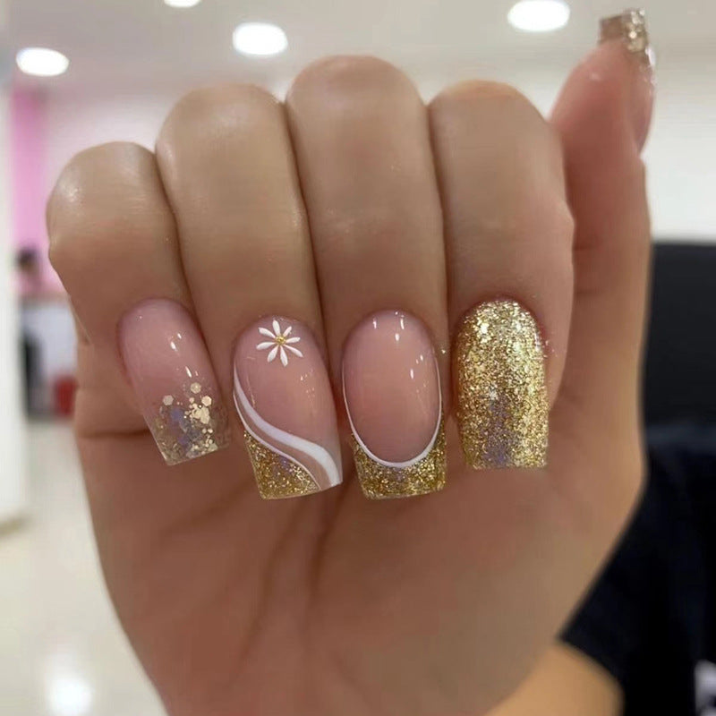 Shiny Mid-Length French Nails, Pink Floral, Ins Style, Fashionable