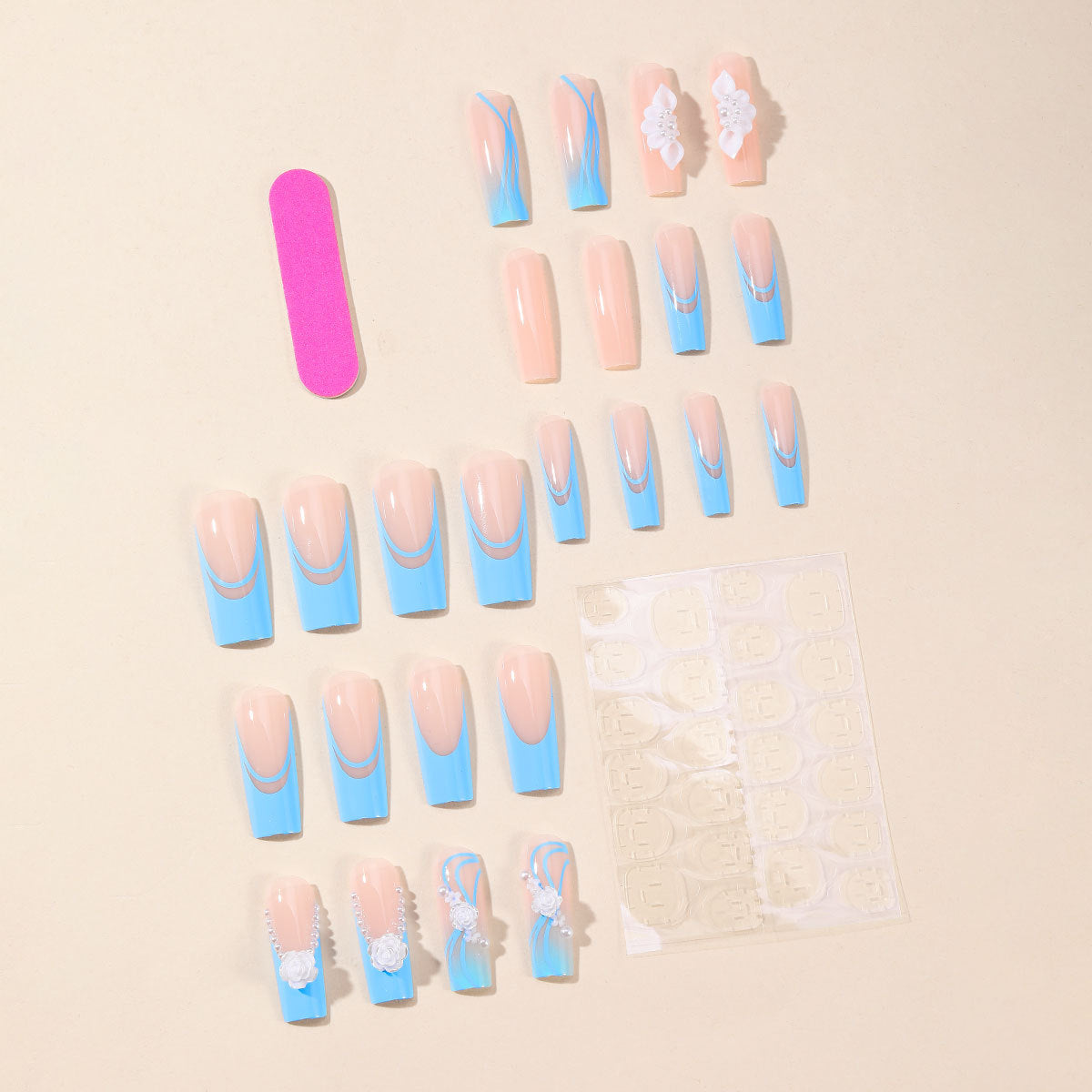 Removable Blue Gradient 3D Flower Pearl Camellia Nails