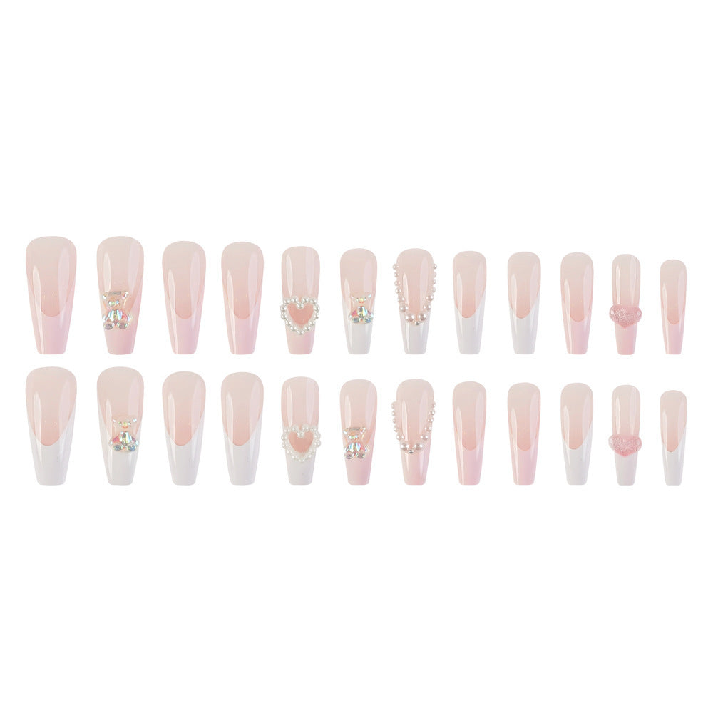 Aurora Bear Heart Pearl French Nail Tips