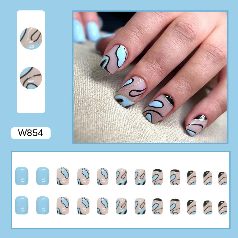 Short Euro Ins Style Blue Black Sweet Cool Wavy Irregular Nails Wearable Fake Nails