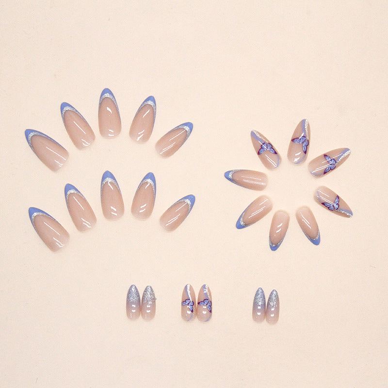 Dreamy Blue Purple Glitter Almond Nails Cute Butterfly Fake Nails Wholesale