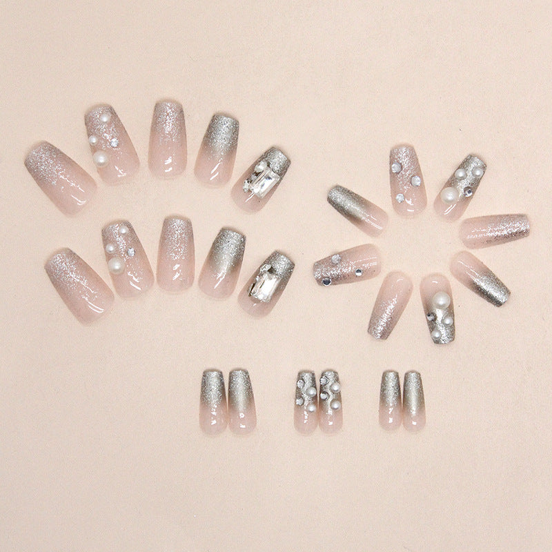 Short Square Ballet Nails - Diamond Pearl Flash French Tips