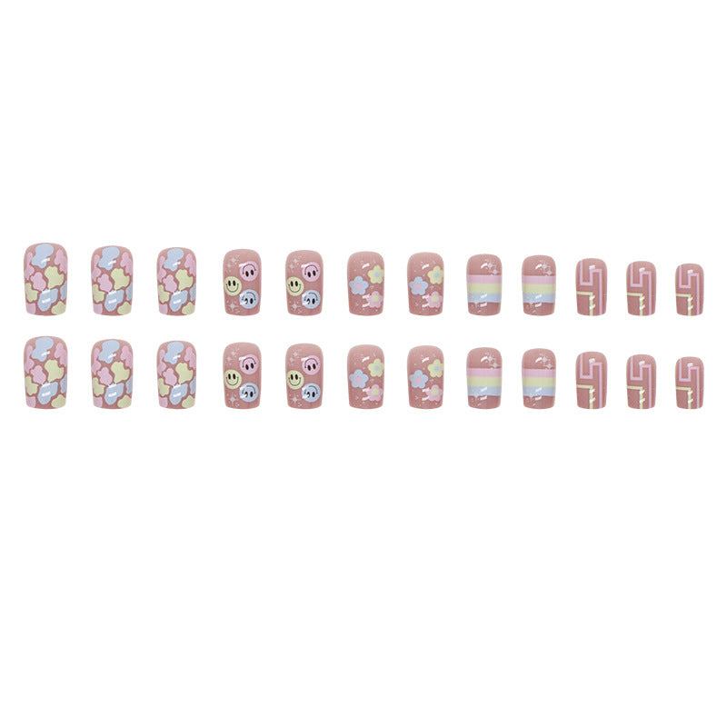 Colorful Summer Cute Childish Flower Smiley Mid-Length Square Nails Removable Wearable Nails