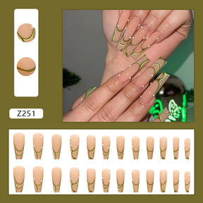 Removable Green Pattern Long Nails - Fresh and Skin-Tone