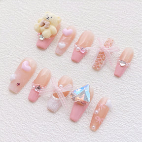 Chic Handmade Pink Bear Ballet Fall Nails, Versatile and Popular Nail Patches