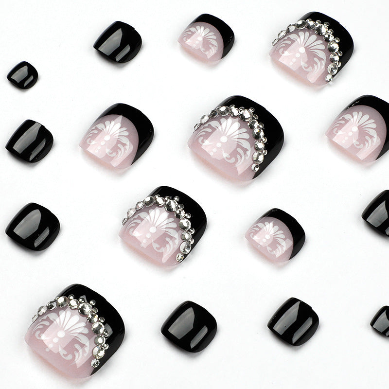 Wholesale Black French Toe Nails with White Flower Cluster Diamond Tip