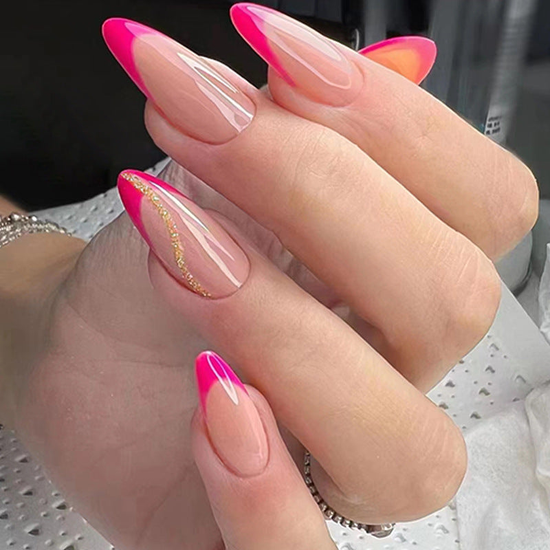 Simple Peach Pink Almond Fall Nails with Gold