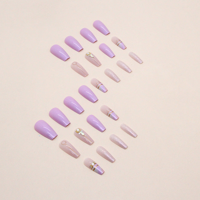 Mid-Length Ballet Nails Lilac Aurora Rhinestone Ombre Sweet Girl Ins Style Fake Nails