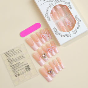 XXL Long Water Pipe French Nail Tips with Hearts and Pearls