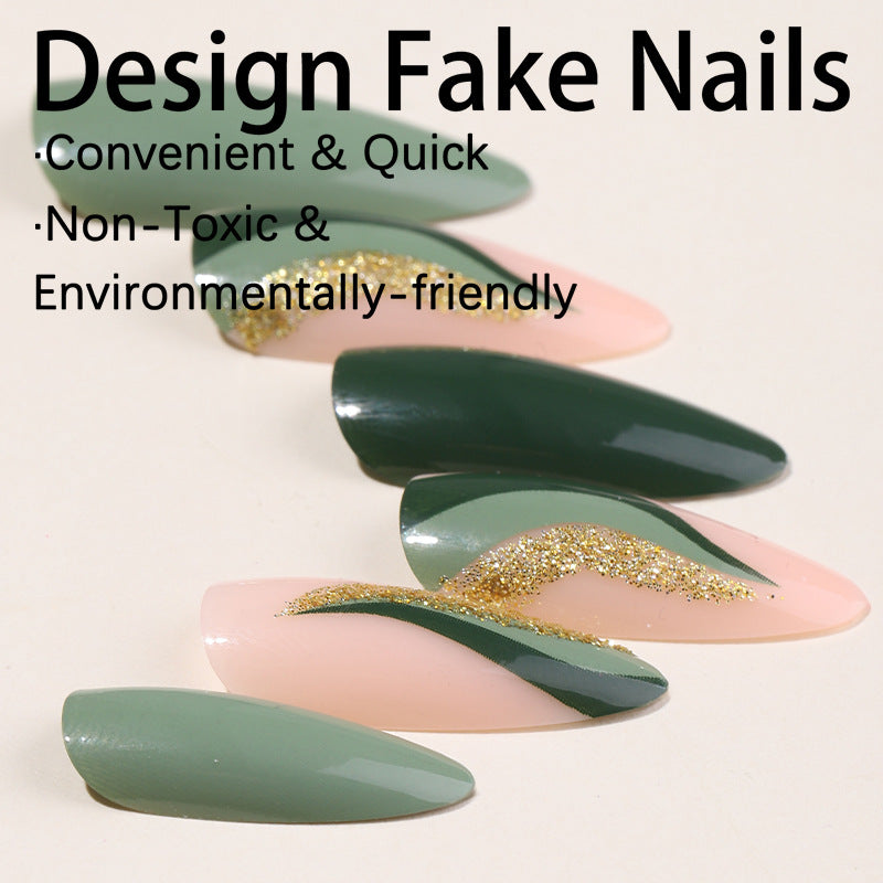 Almond Shape Green Gold False Nails