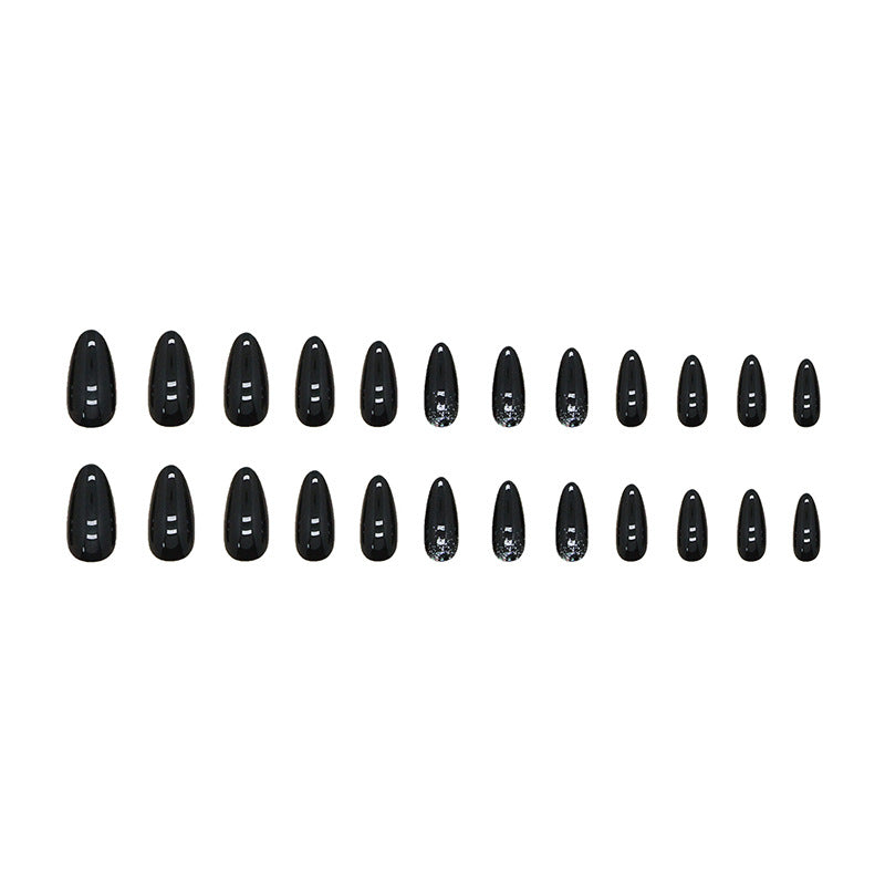 24-Piece Black & Silver Almond Nails - Ins Style,