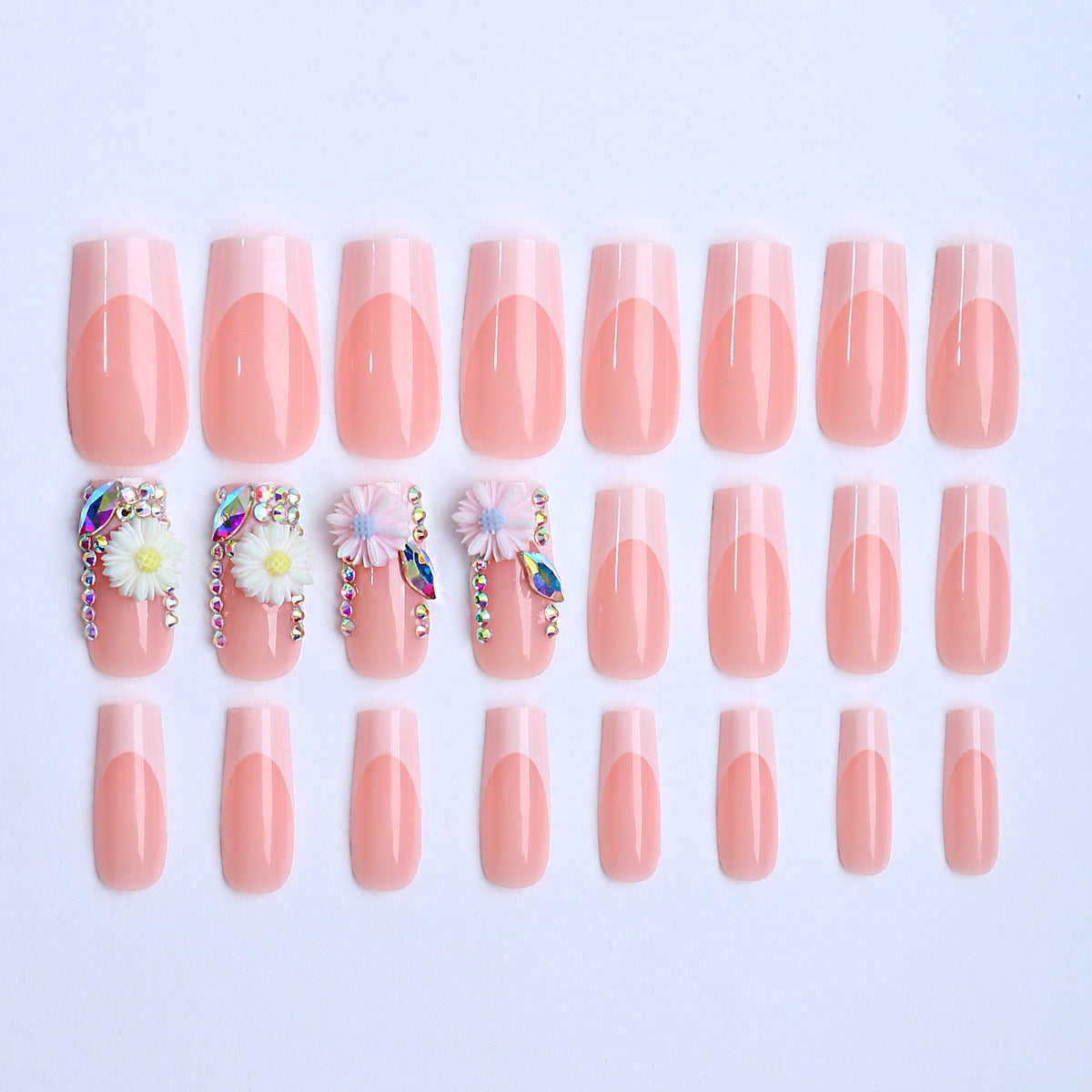 French Daisy Crystal Nail Tips with White Edge and Pink