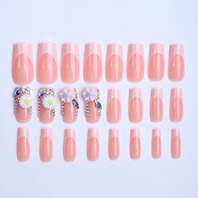 French Daisy Crystal Nail Tips with White Edge and Pink