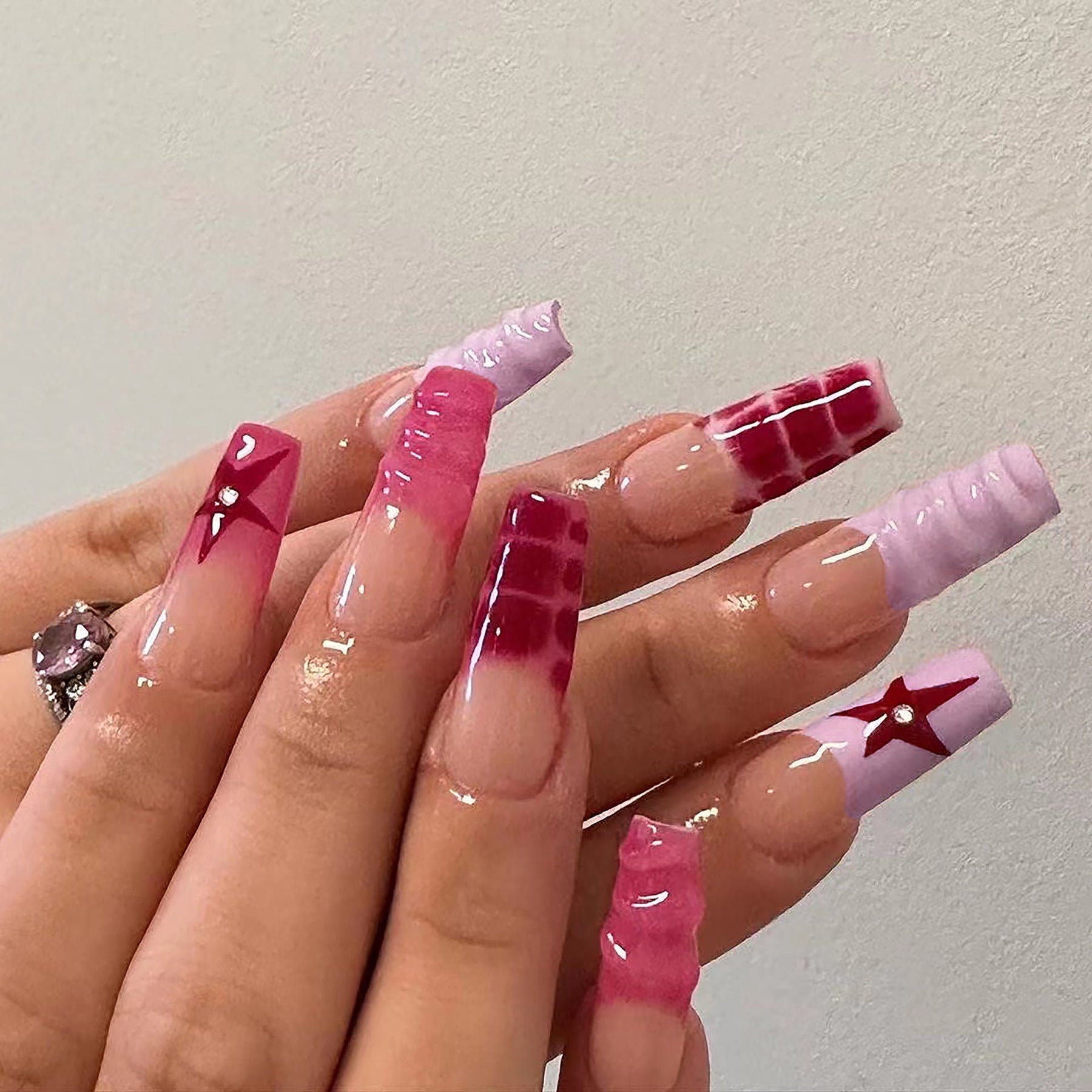 3D Red Star French Long Fall Nails with Crystal Dots