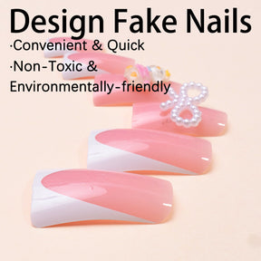 French Edge Handmade Duckbill Nail Tips with Pink Bow