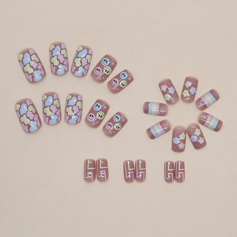 Colorful Summer Cute Childish Flower Smiley Mid-Length Square Nails Removable Wearable Nails