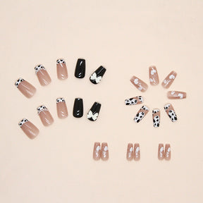 Cute White Heart Cow Print Nails Fall Winter Simple Chic Ins Style Rhinestone Bow Nail