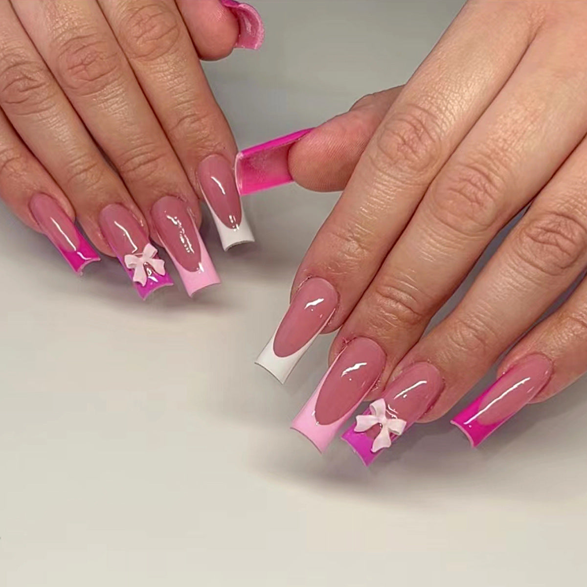 Ultra Long French Tricolor Edge Nail Tips with Bow