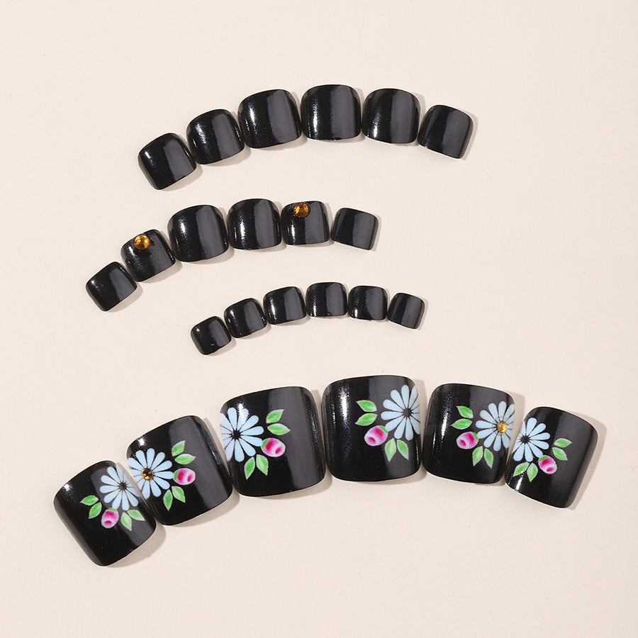 Short Black Vintage Flower Hand-Painted Toe Nails