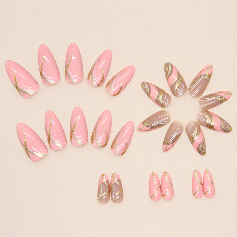 Barbie Pink Ripple Almond Nails, Shiny, Ins Style, Fashionable