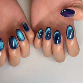 Cat Eye Blue Nail Wraps, Short Wear-On Nails