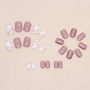 Simple White Pink Tender Girl Nails Sparkling Full Ink Wash Pink White Short Fake Nails