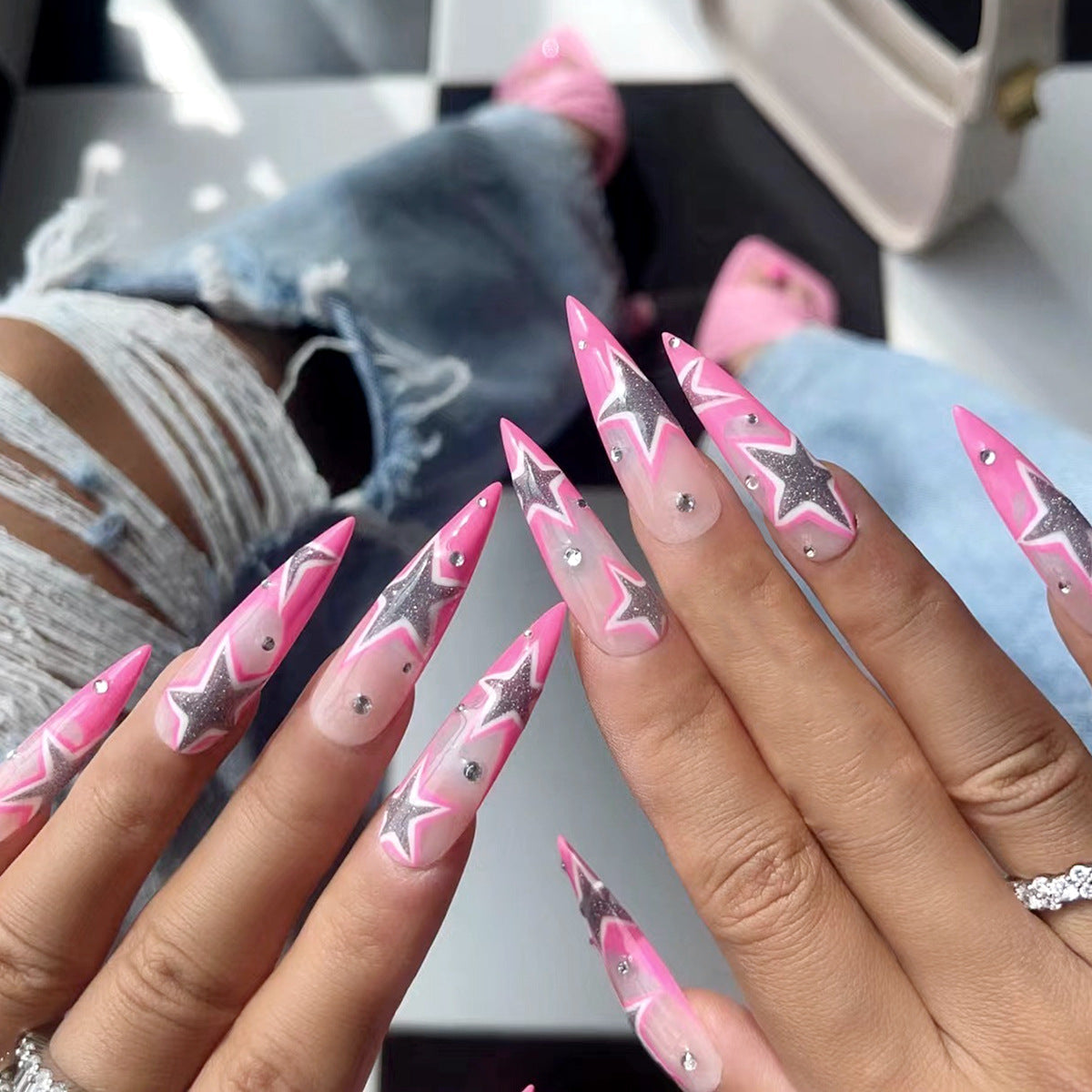 Edgy Pink Star Long Pointed Nail Stickers