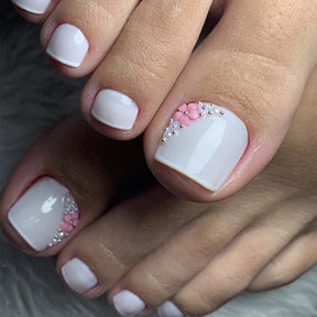 French Solid Toe Nail Tips with Flower and Half-Set Diamonds