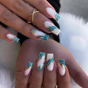 Removable Green Gradient Gold Line Nail Tips