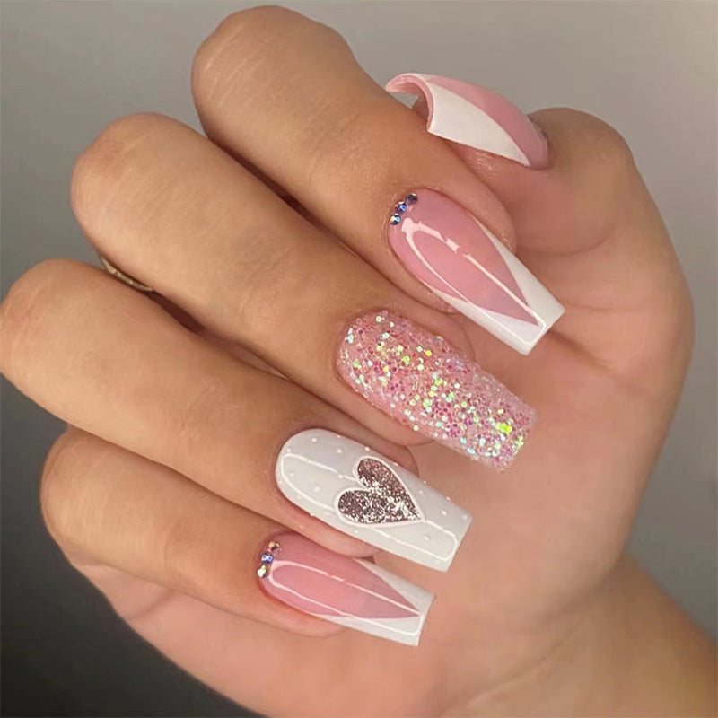 White French Tip Nails with Pink Glitter Hearts