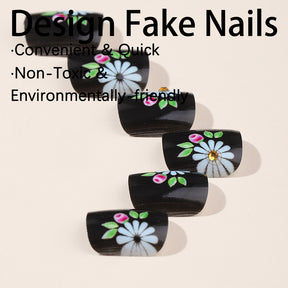 Short Black Vintage Flower Hand-Painted Toe Nails