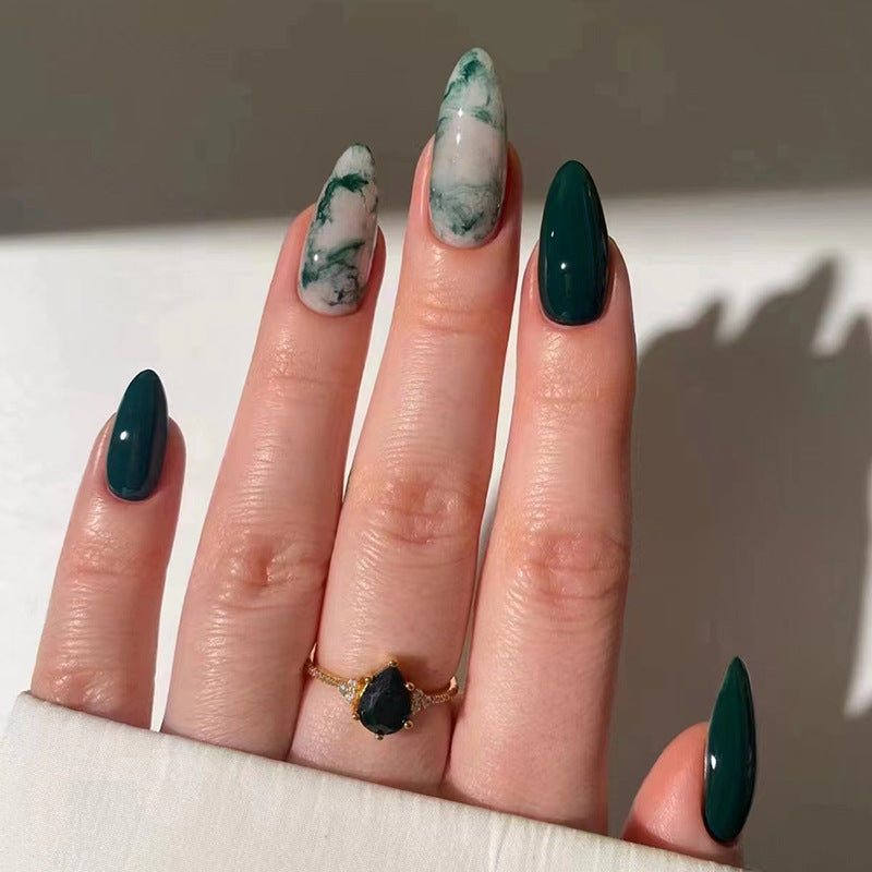 Ombre Almond Shape Mid-Length Green Fall Nails: 24-Piece Set