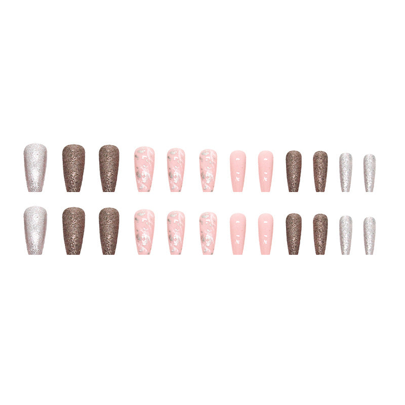 Long Flashy Champagne Ballet Marble Nails, Ins Style Wholesale