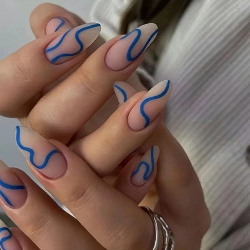 Matte Almond Nails with Sea Blue Stripes, Minimalist Design